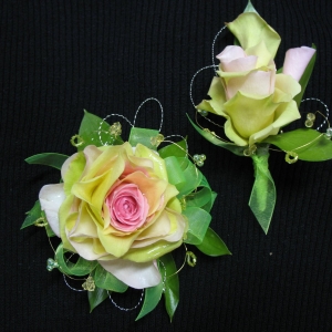 Pink and green composite rose corsage & bout