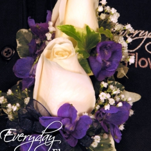 White Rose Corsage With Blue Delphinium