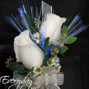 White Rose Corsage With Blue Fiber Optics