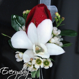Red Rose Boutonniere With White Orchids