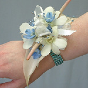Wrist corsage on blue rock candy bracelet