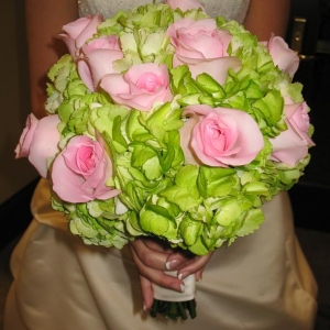Lime green hydrangeas with cool pink roses