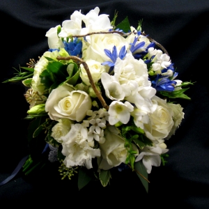 Blue, white and twig wedding flowers