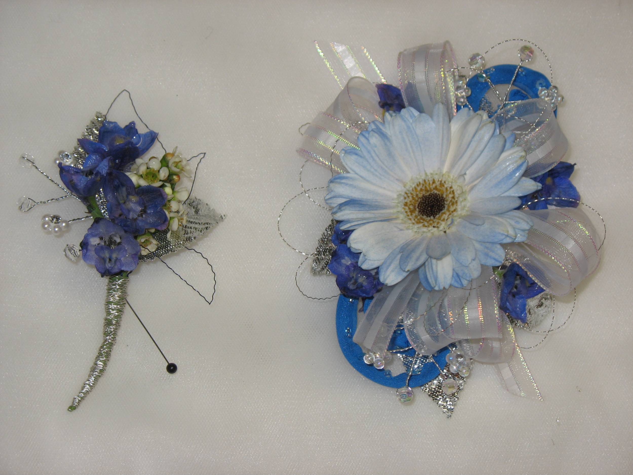 blue gerb & delph prom flowers