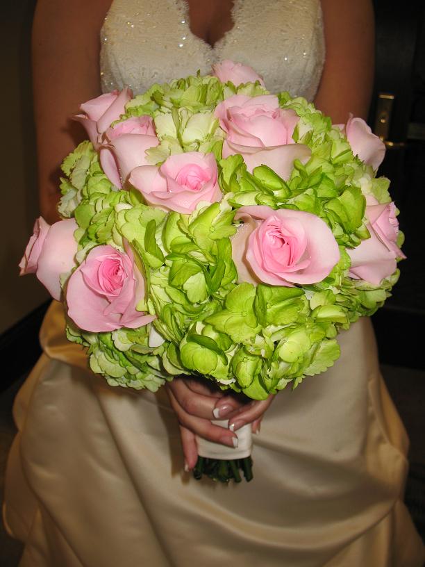 Lime green hydrangeas with cool pink roses