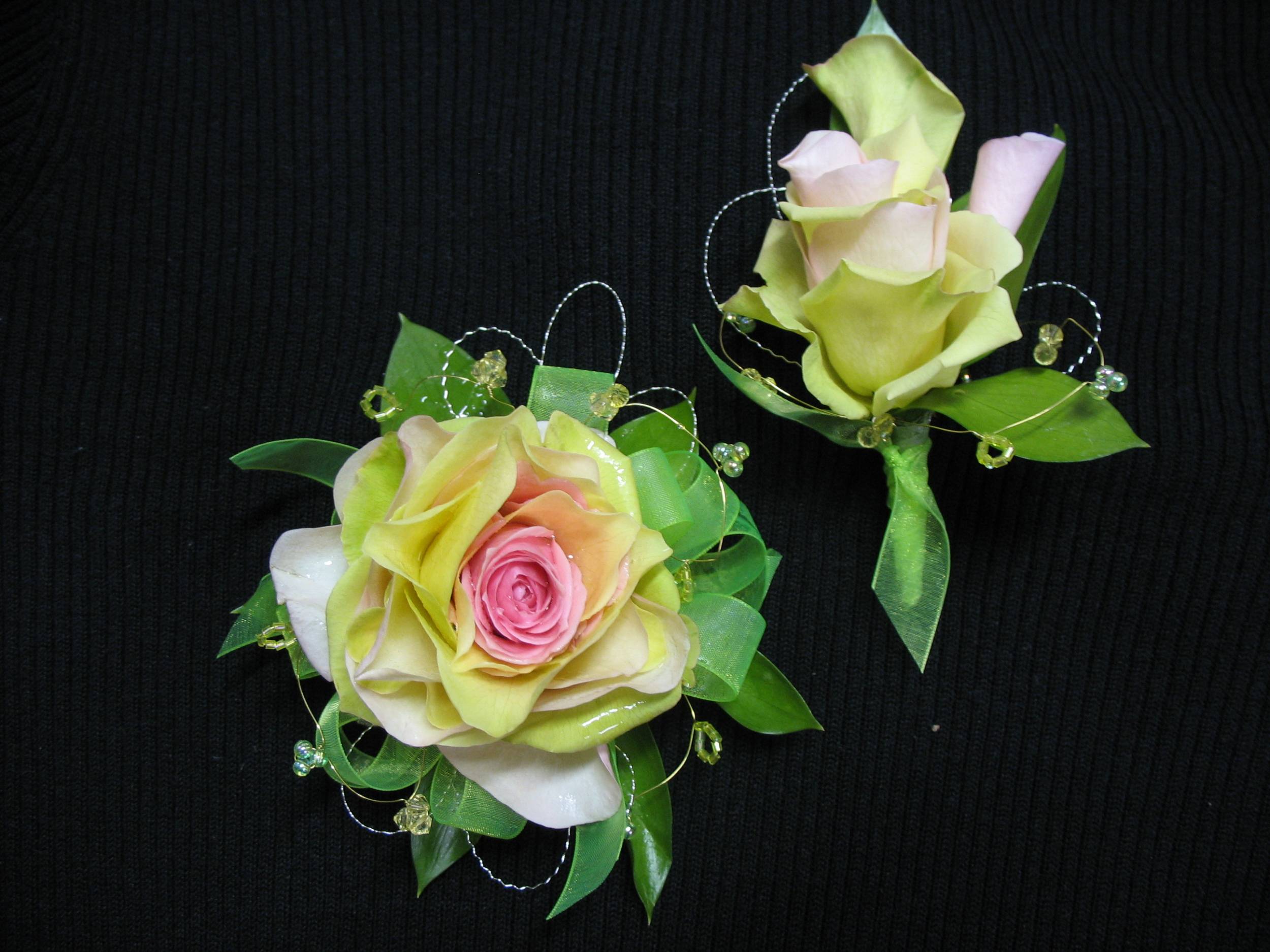 Pink and green composite rose corsage & bout