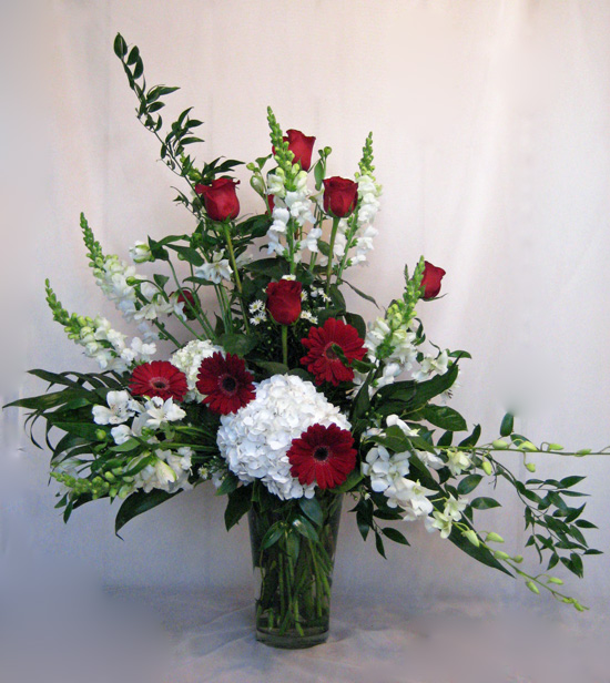 Red and White Funeral Vase Arrangement