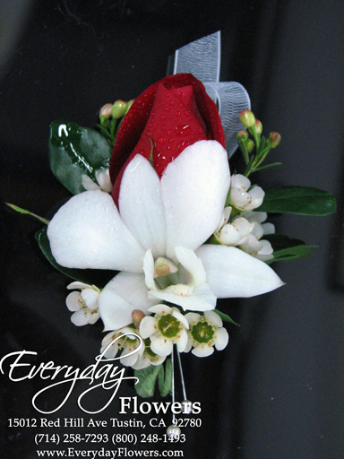 Red Rose Boutonniere With White Orchids