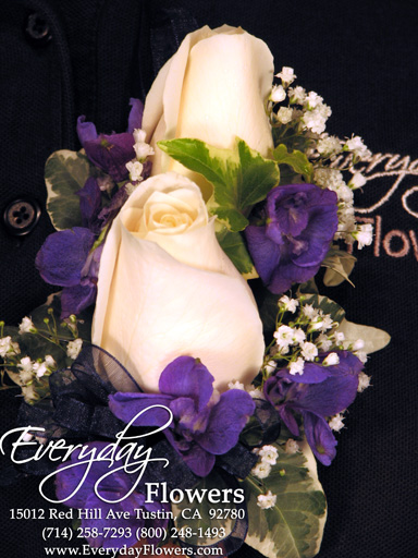 White Rose Corsage With Blue Delphinium