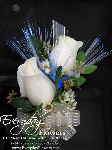 White Rose Corsage With Blue Fiber Optics